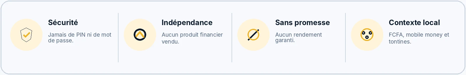 Nos engagements : indépendance, aucune promesse de gain, sécurité des données, pensé pour nos réalités