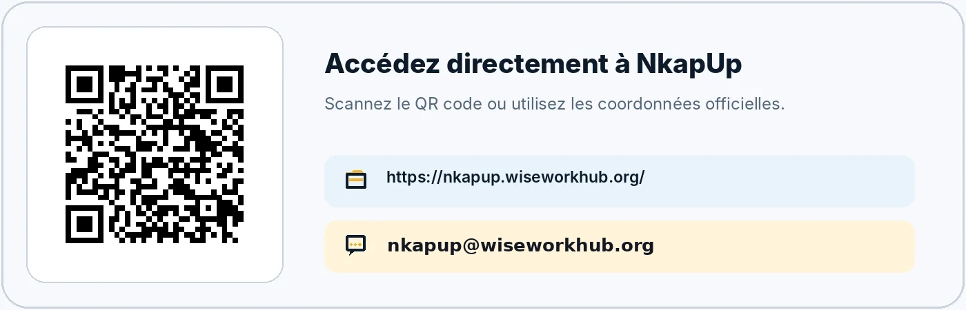 Carte de contact NkapUp avec QR code vers nkapup.wiseworkhub.org et l'adresse nkapup@wiseworkhub.org